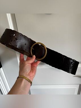 Boho Wide Leather Belt Brass Ring Buckle Festival Waist Belt L